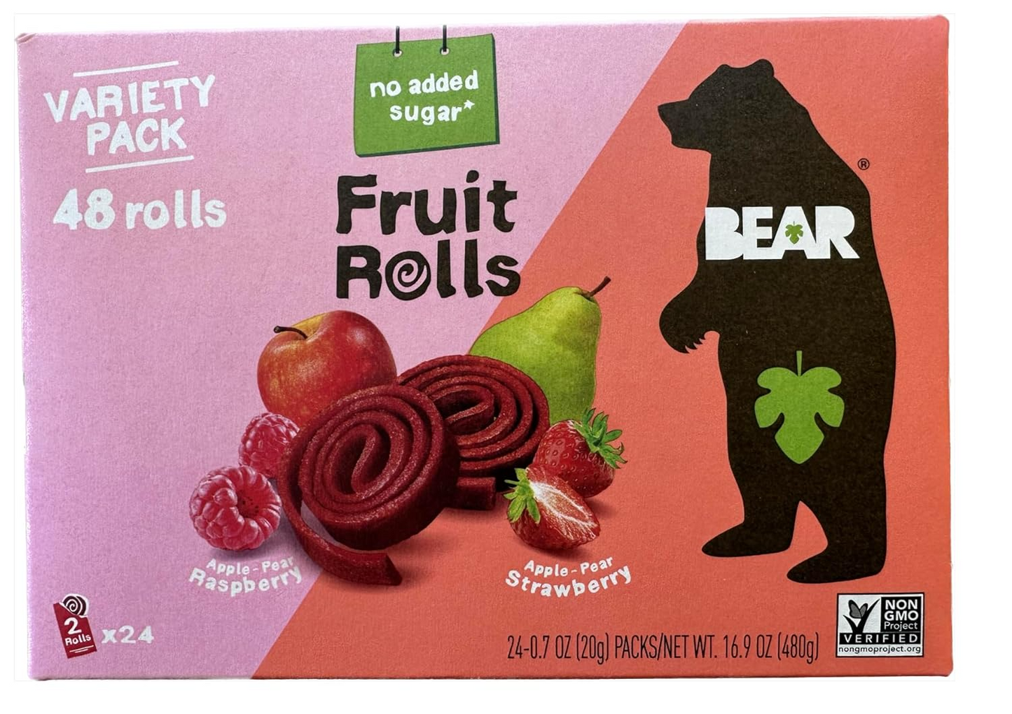 Bear Real Fruit Snack Rolls, Strawberry & Raspberry Variety Pack – 48 Rolls (24 Packs, 2 Rolls per Pack)